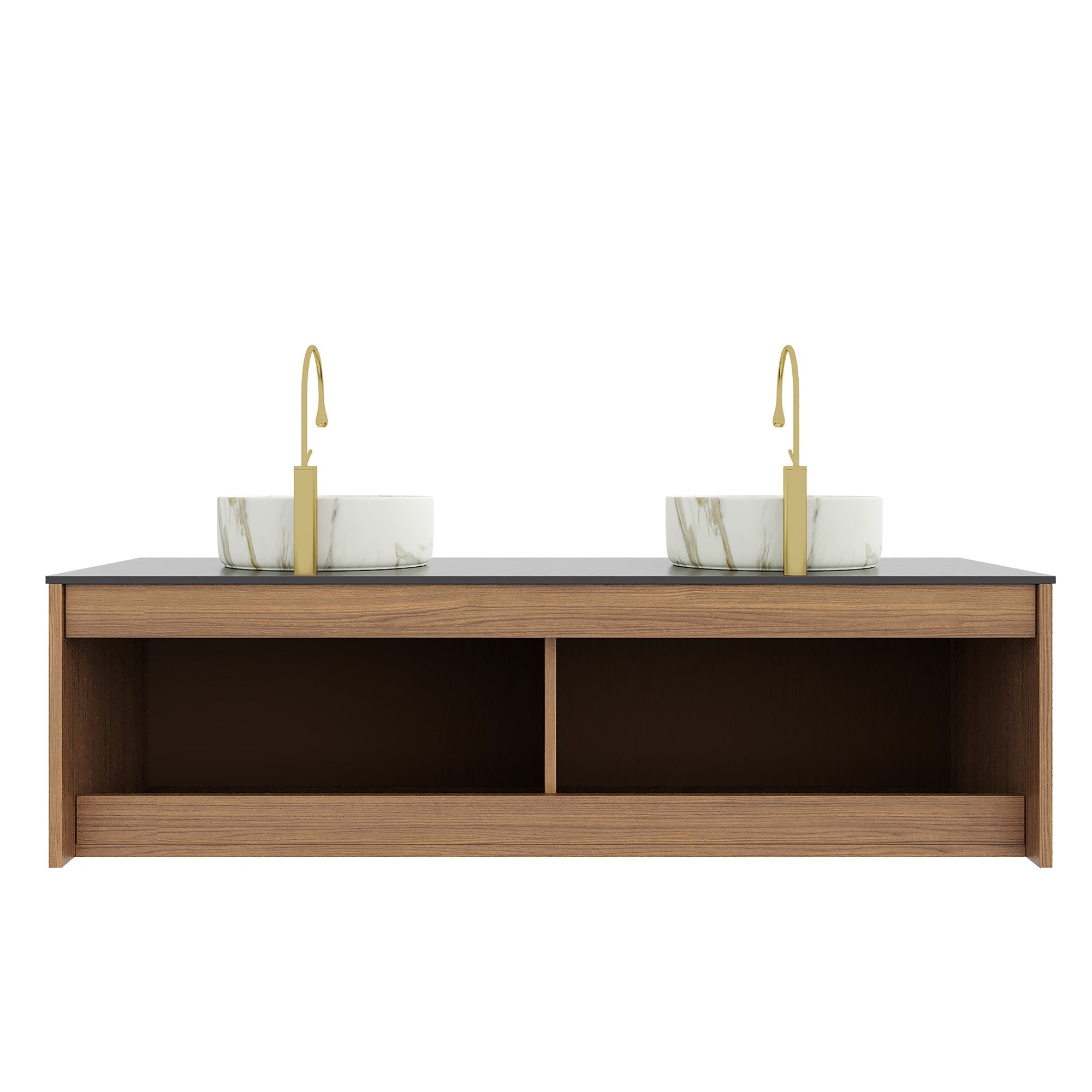 60' Bathroom Vanity with Sinks, Floating Plywood Cabinet 4 Doors Black Sintered Stone