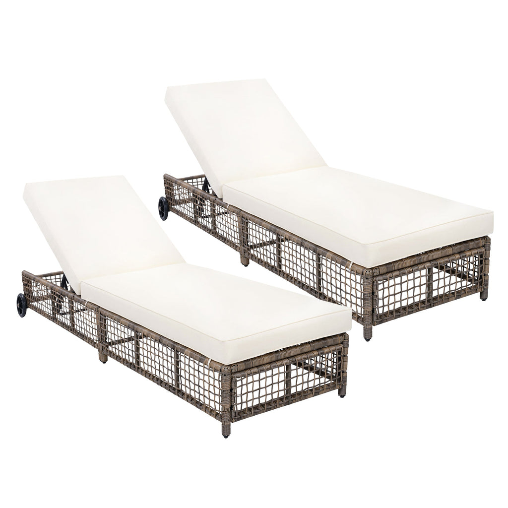 Outdoor Lounge Chair with 5-Position Backrest, Rattan Chaise Lounge in Beige