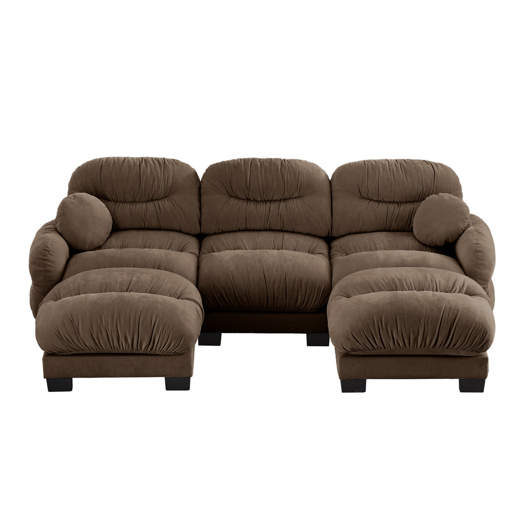 Sectional Sofa Modular Chenille Brown 3 Seat 2 Ottomans Pleated Backrest