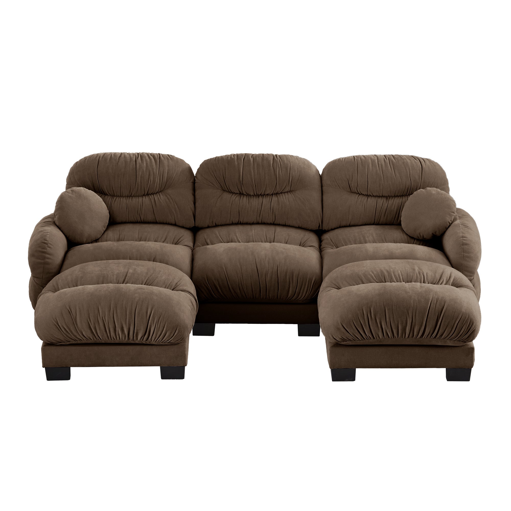 Sectional Sofa Modular Chenille Brown 3 Seat 2 Ottomans Pleated Backrest