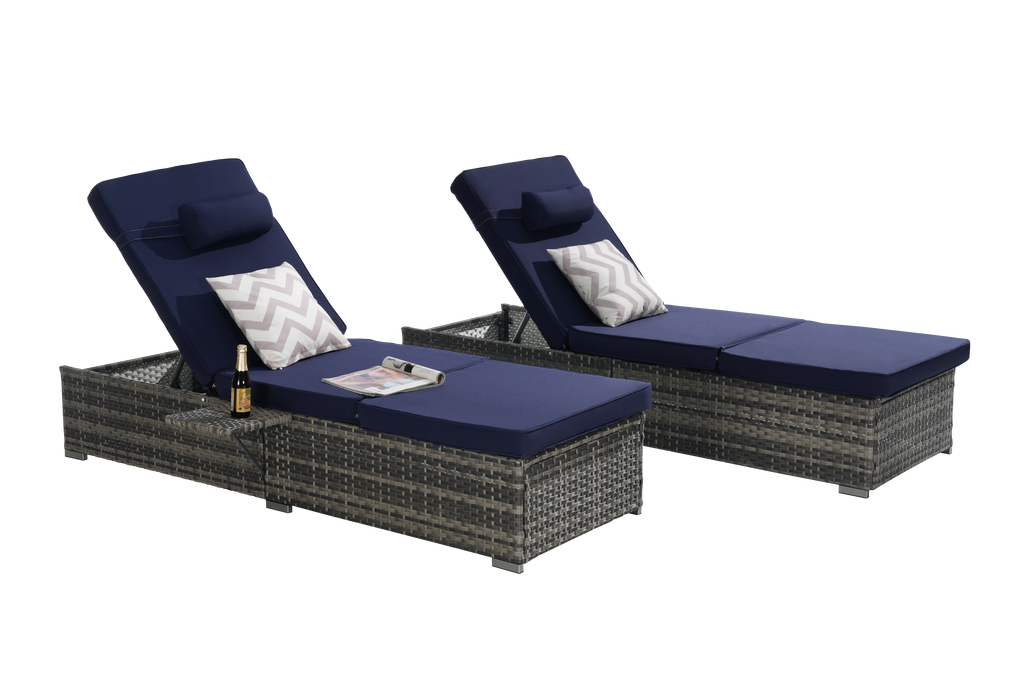 Outdoor Chaise Lounge Chair Set of 2, Rattan Storage Patio Pool Chairs with Cushion