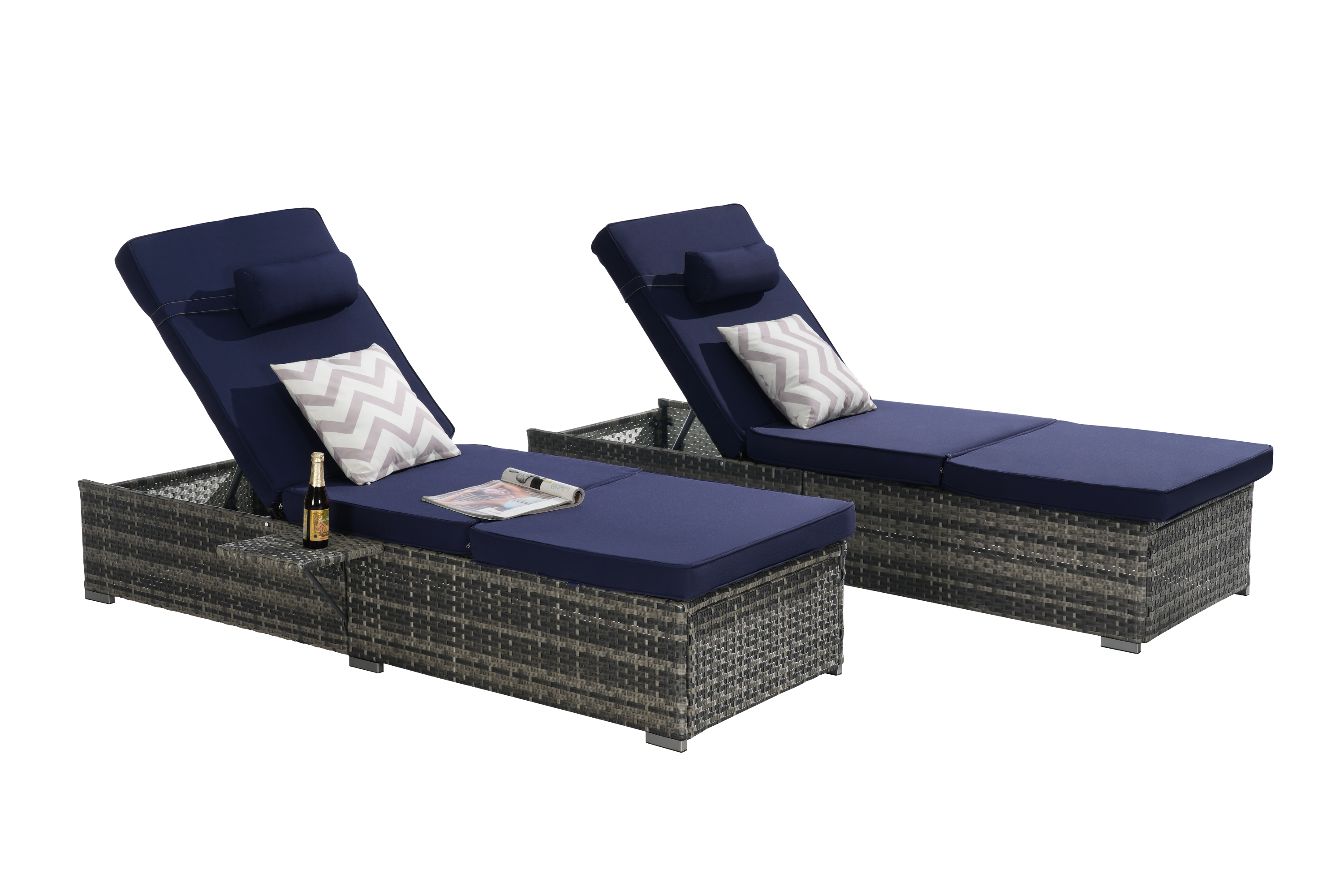 Outdoor Chaise Lounge Chair Set of 2, Rattan Storage Patio Pool Chairs with Cushion