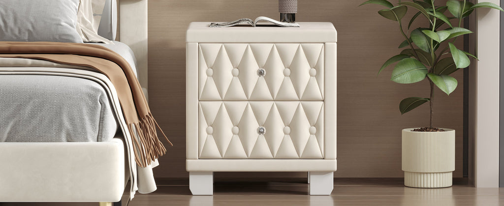 Velvet Nightstand with 2 Drawers, Crystal Handle, Button-Tufted, Beige