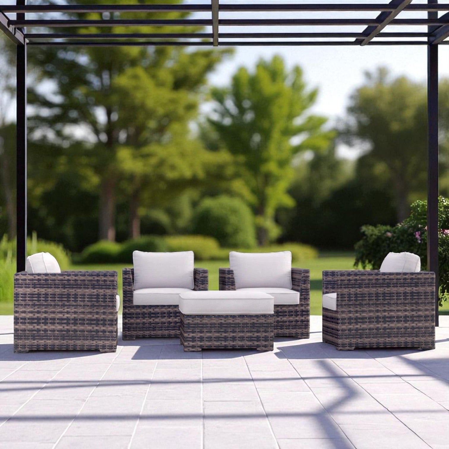Outdoor Patio Set HDPE Wicker Brown 5 Piece 4 Armchairs Ottoman Cushions