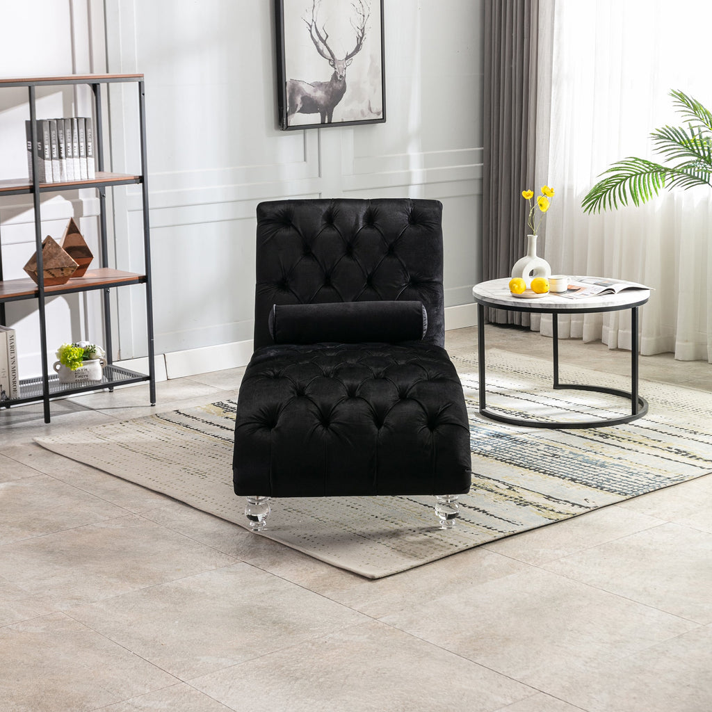Velvet Chaise Lounge, Button-Tufted with Pillow, Black, 63.38x28.94x34.05 in