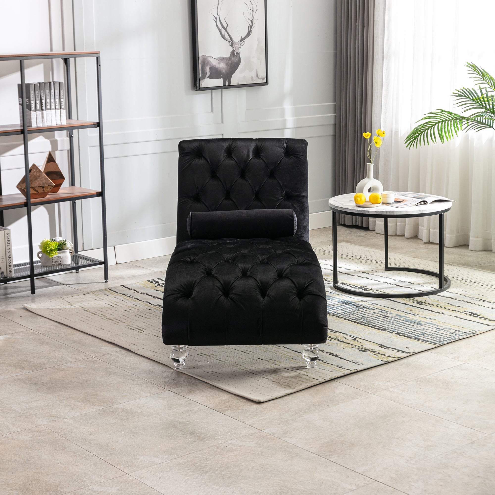Velvet Chaise Lounge, Button-Tufted with Pillow, Black, 63.38x28.94x34.05 in