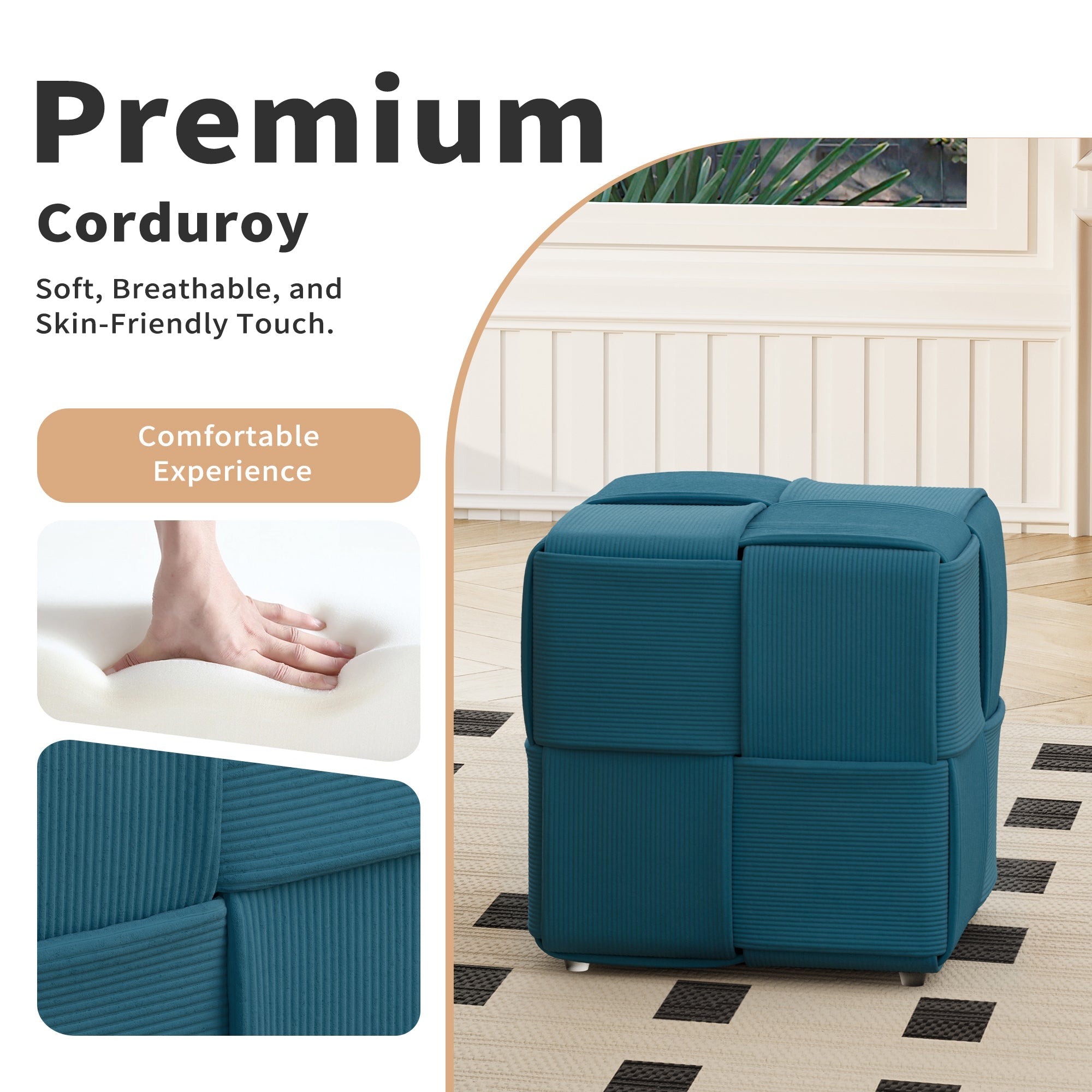 Square Corduroy Ottoman Foot Rest with Soft Comfort and Sturdy Design in Blue,