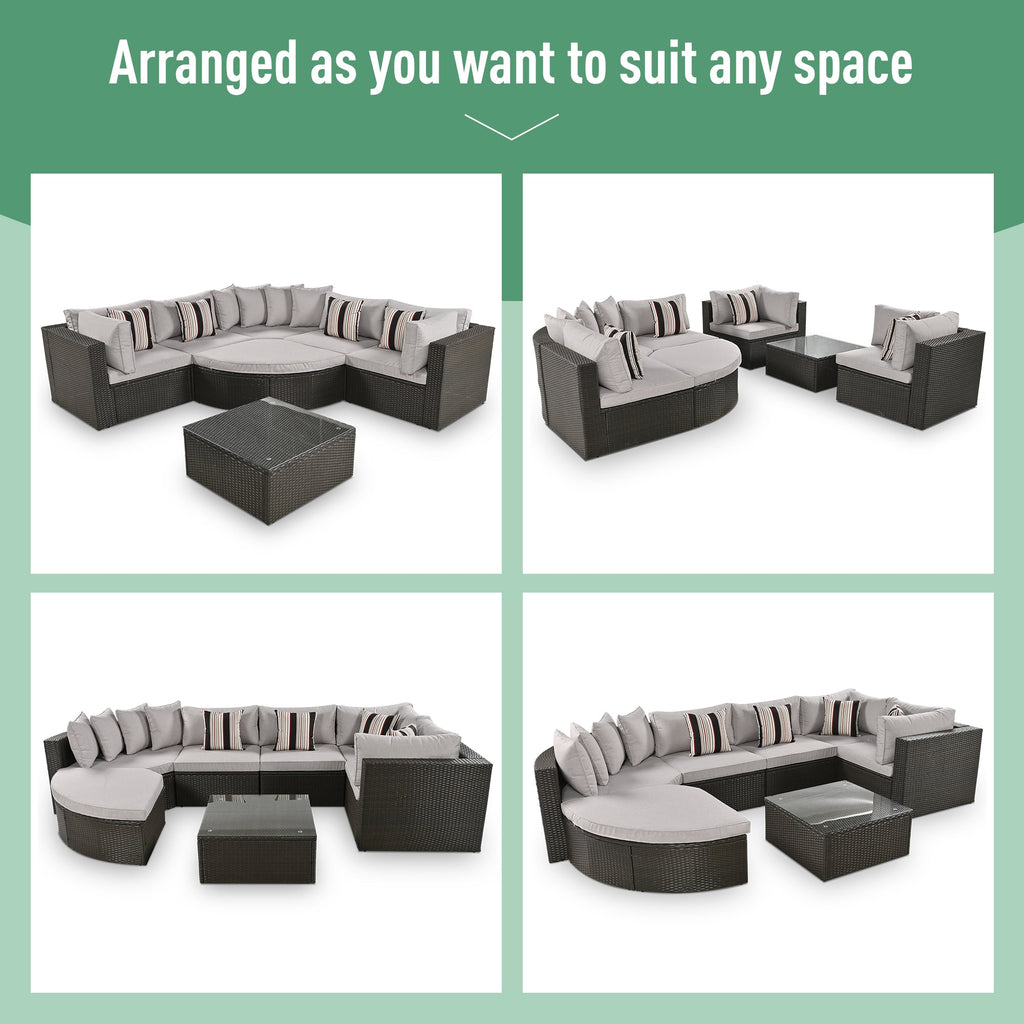 Outdoor Wicker Sofa Set Brown 7 Piece Colorful Pillows Seats 6