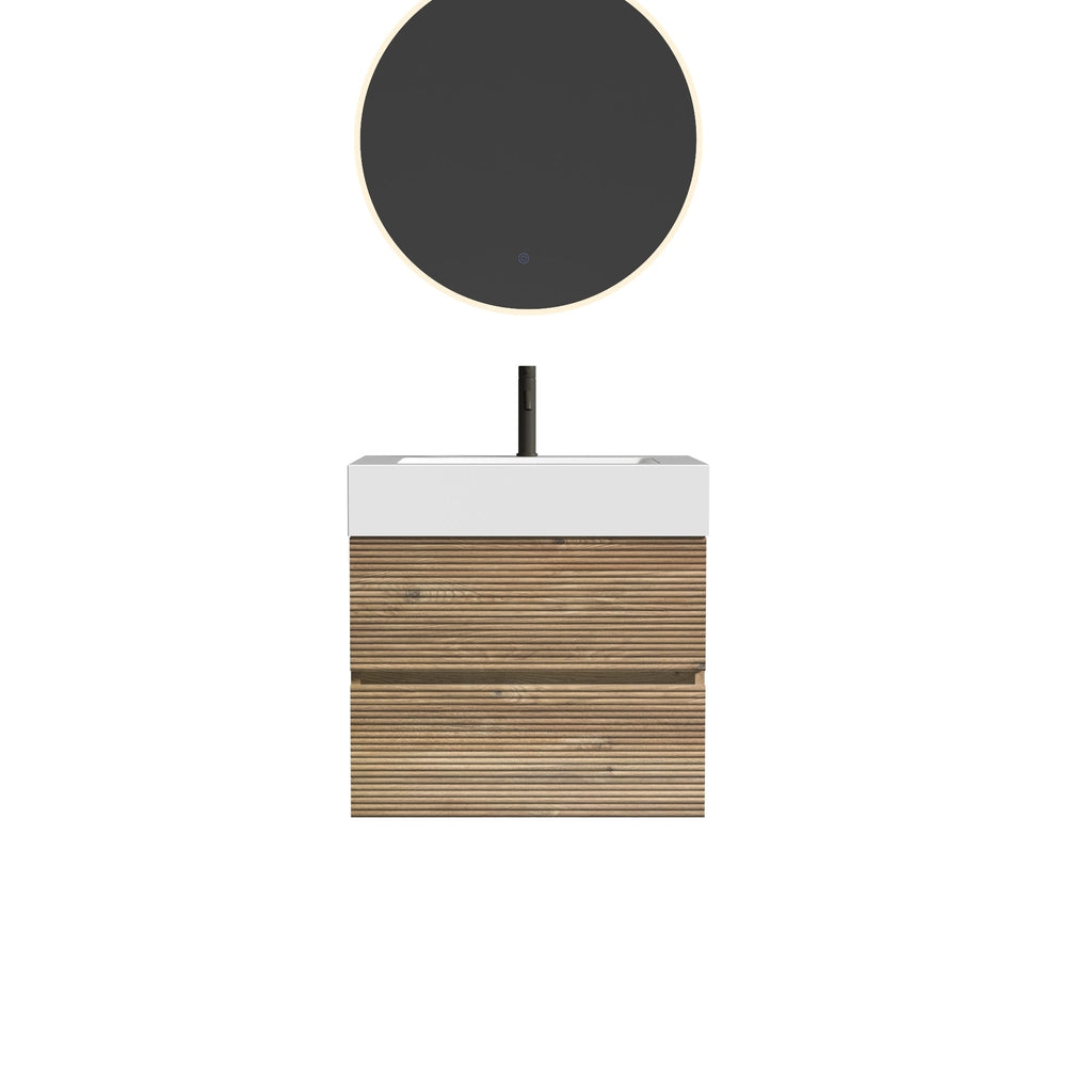 24' Rough Oak Bathroom Vanity with White Glossy Engineered Quartz Sink Soft Drawers