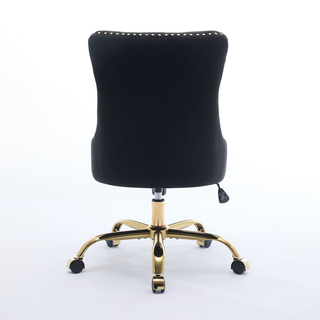 Swivel Office Chair Velvet Black Tufted Button Gold Metal Base 24.8x38.6 In