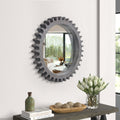 Wall Mirror Round Gear-Shape Wood Frame Dark Brown Vintage 16.5 In