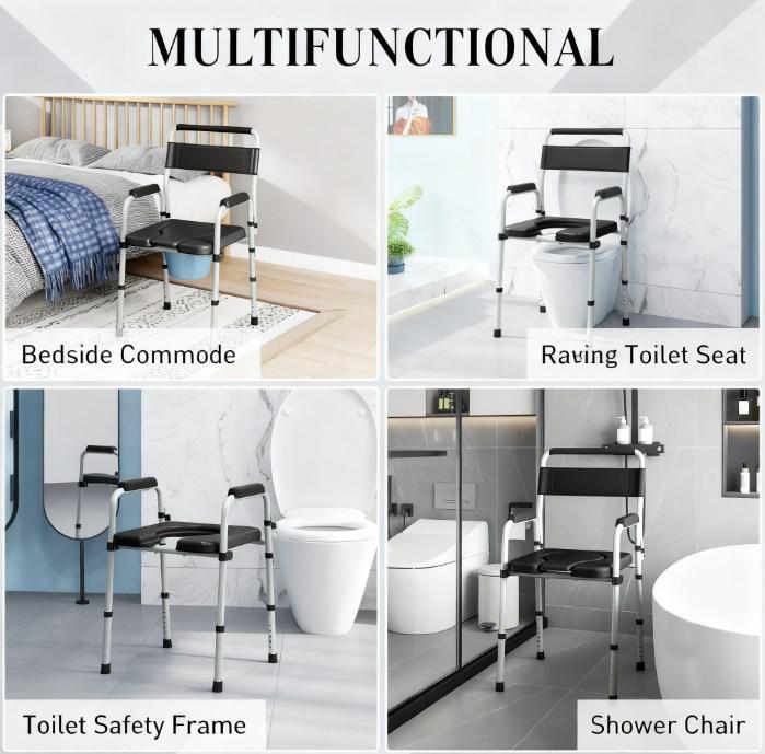 Commode Chair Adjustable 7-Level Steel Black 331 LB Foldable Removable Bucket