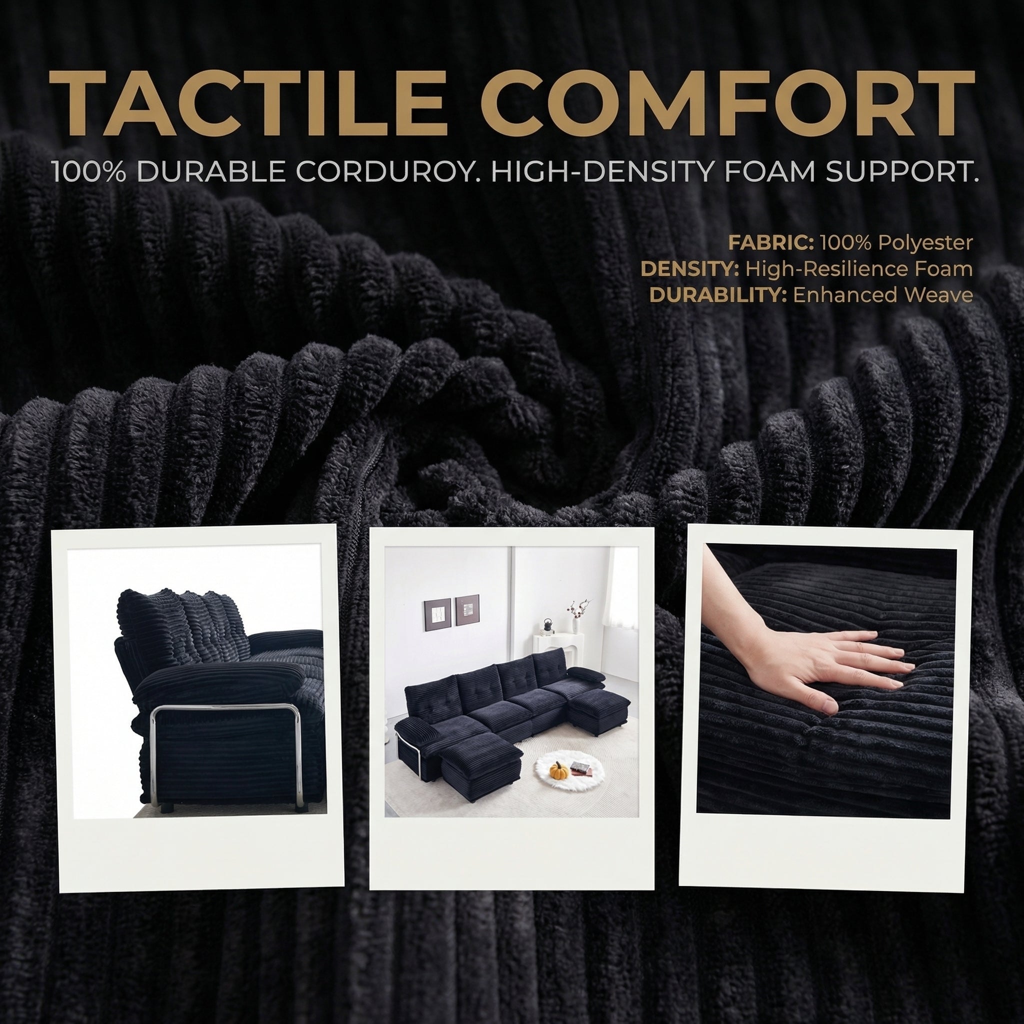 Sectional Sofa U-Shape Modular Corduroy Black 6-Seat with 2 Ottomans 140.94 In