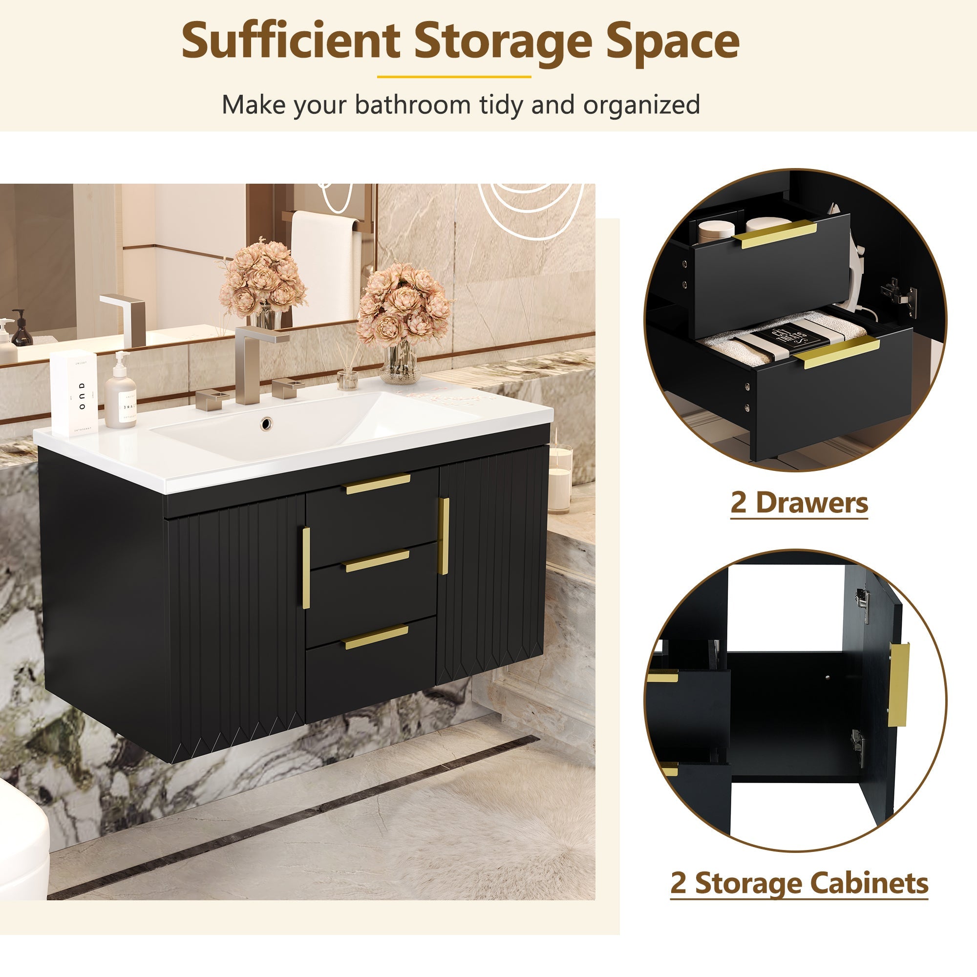 36'' Wall Mounted Bathroom Vanity with Resin Sink and 2 Drawers