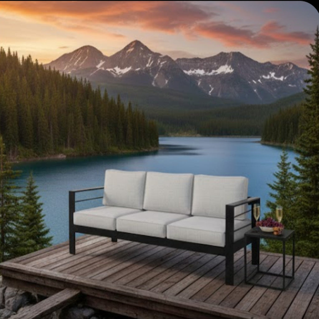 Outdoor Sofa Aluminum Black Light Gray Olefin Cushions 3 Seat 74in