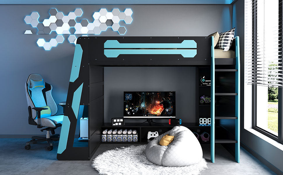 Twin Size Wood Loft Bed with Desk, Multi-storage Shelves and RGB Light, Cloud