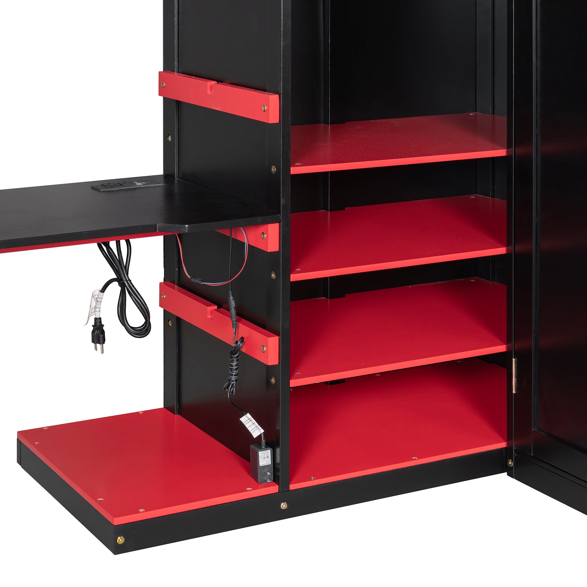 Full Size Wood Loft Bed with Desk, Multi-storage Shelves,USB and RGB Light, Red
