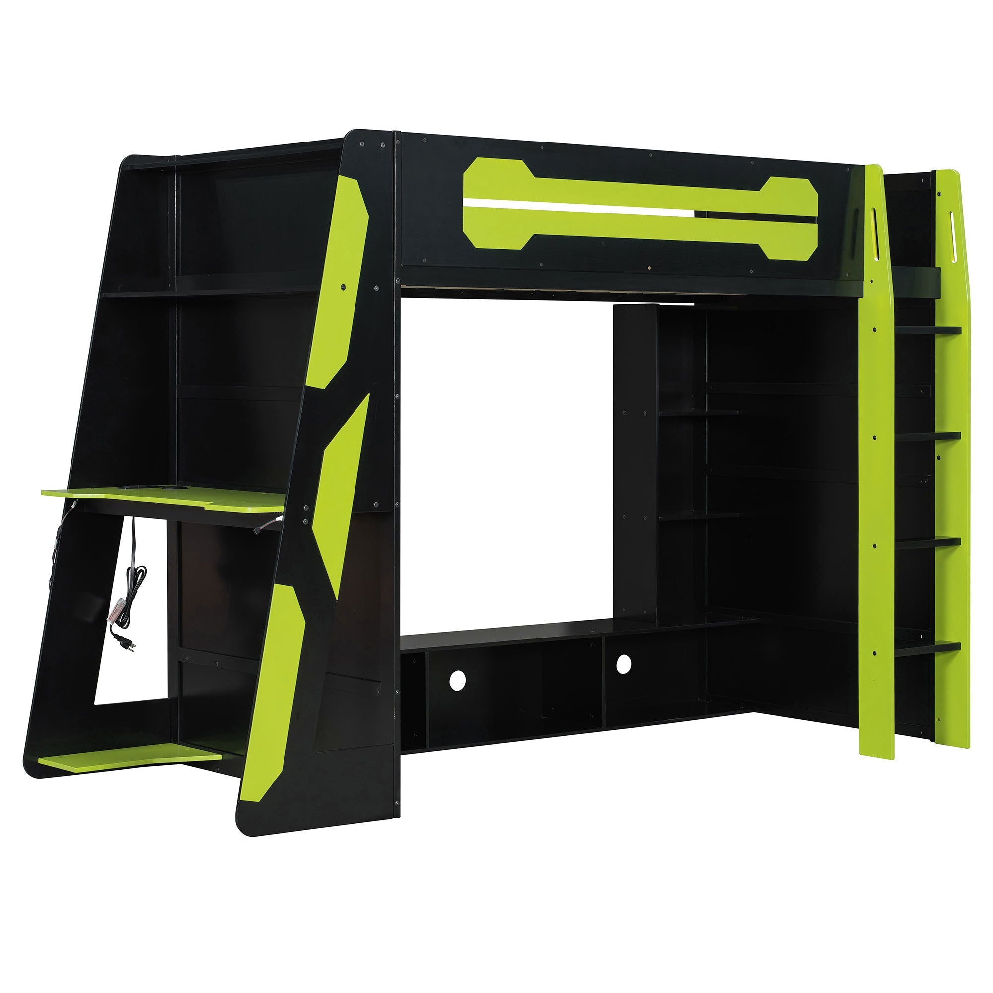 Twin Size Wood Loft Bed with Desk, Multi-storage Shelves and RGB Light, Green