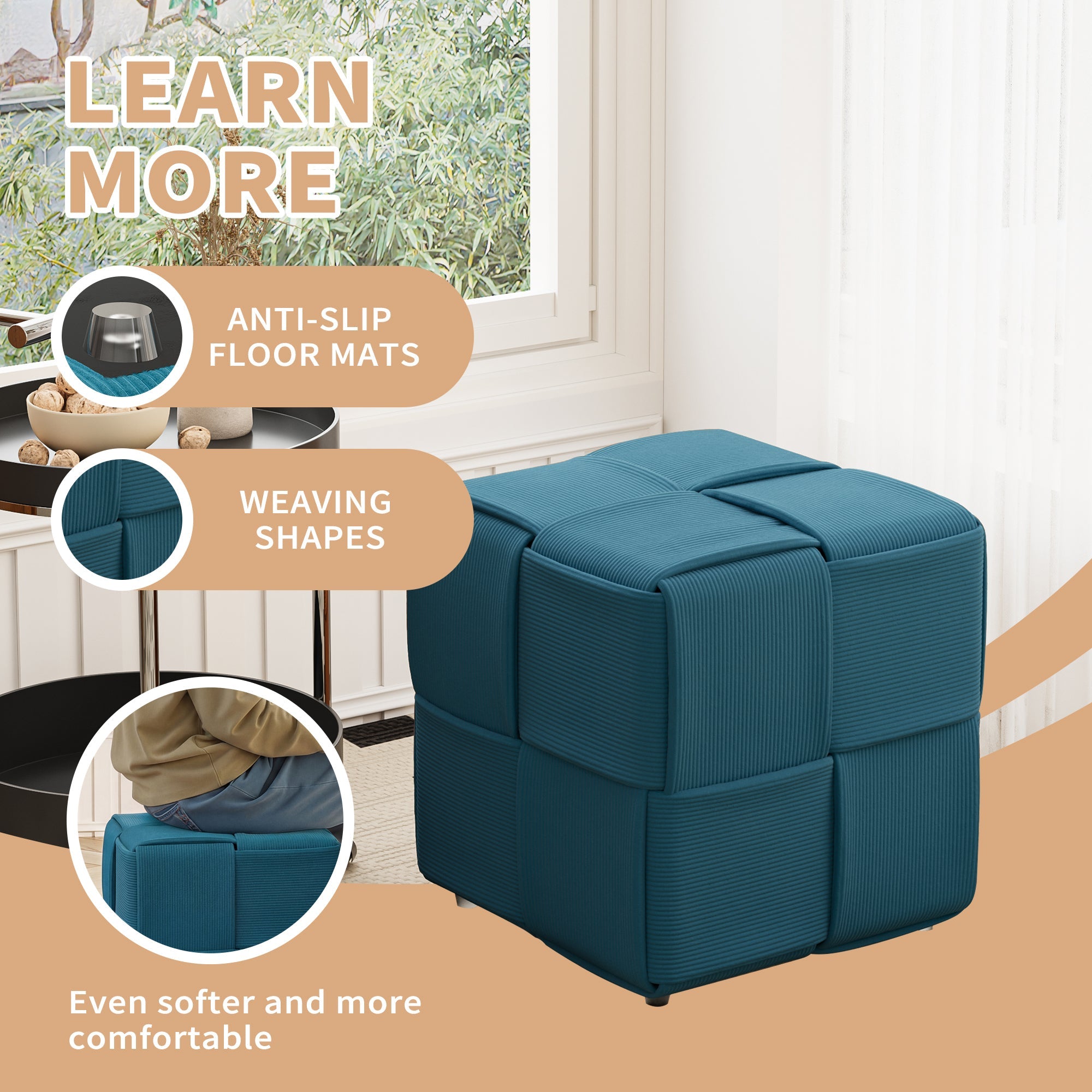 Square Corduroy Ottoman Foot Rest with Soft Comfort and Sturdy Design in Blue,