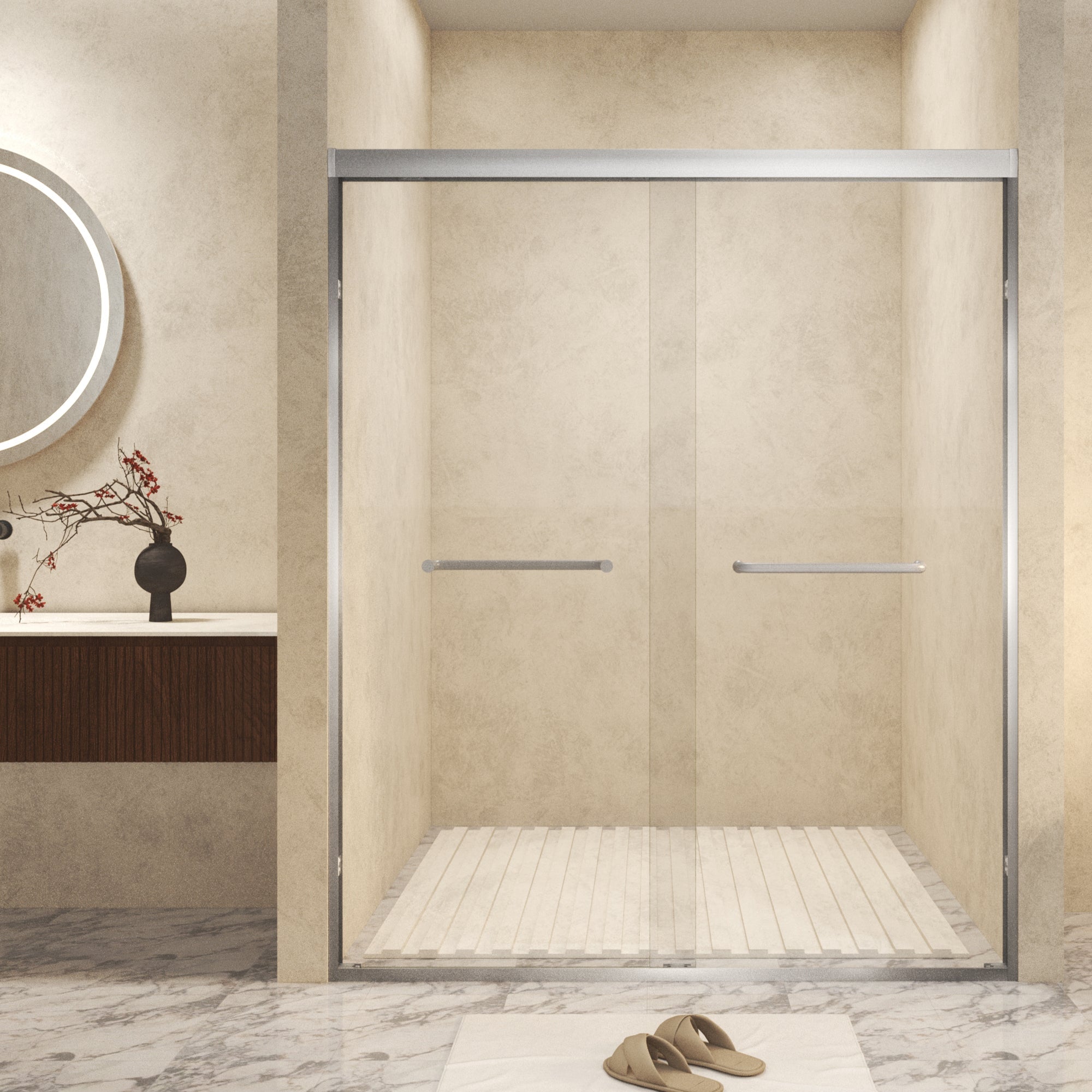 56-60in x 72in Aluminum Frame Double Sliding Shower Door, Brushed Nickel, 6mm