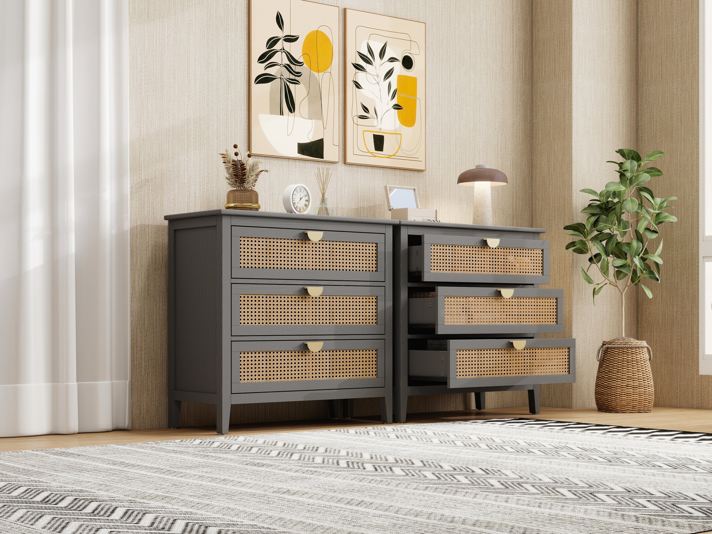 3-Drawer Cabinet - Natural Rattan - Suitable for Bedroom, Living Room, or Study