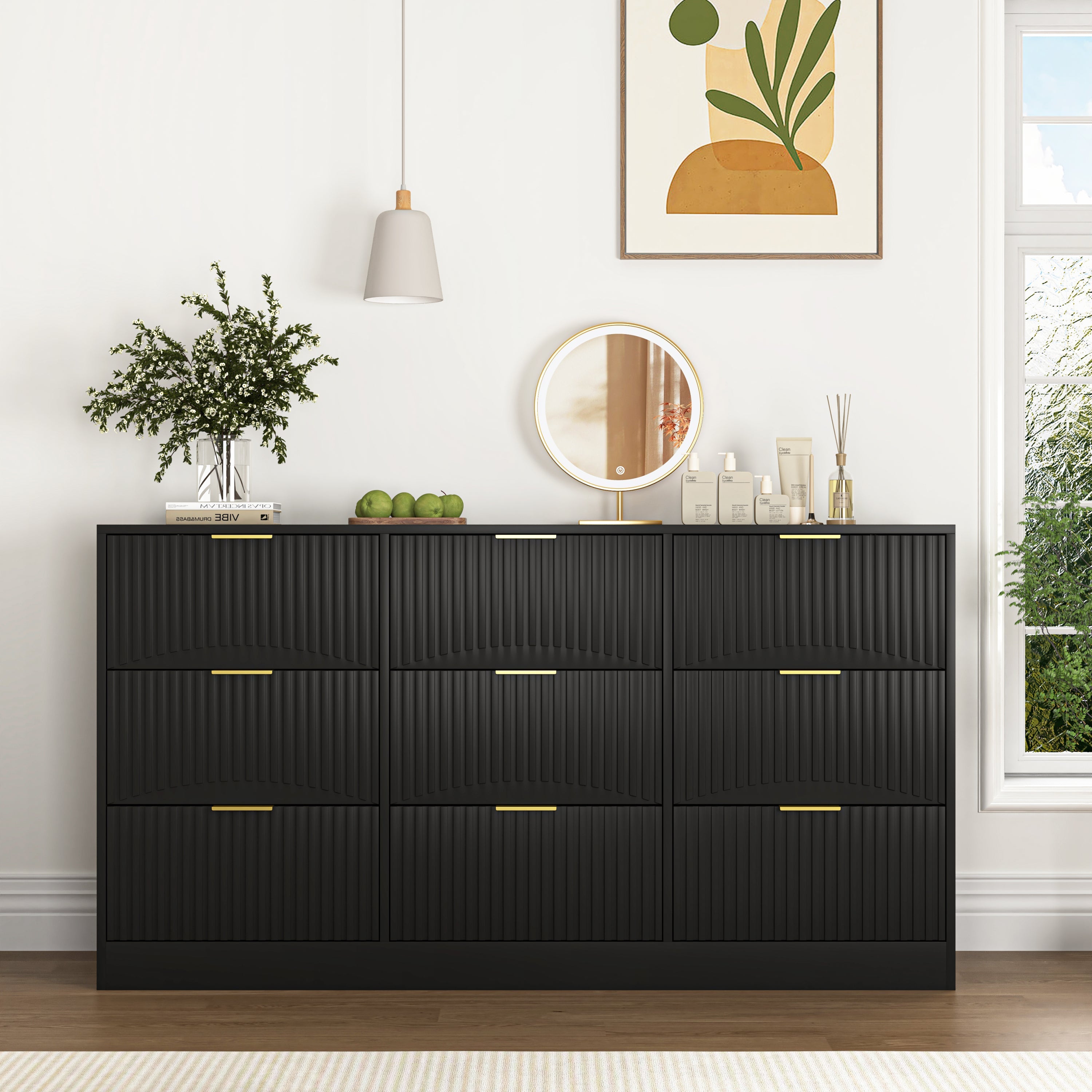 Dresser Classic 9-Drawer Black Particle Board Gold Handles 63x15.74 In
