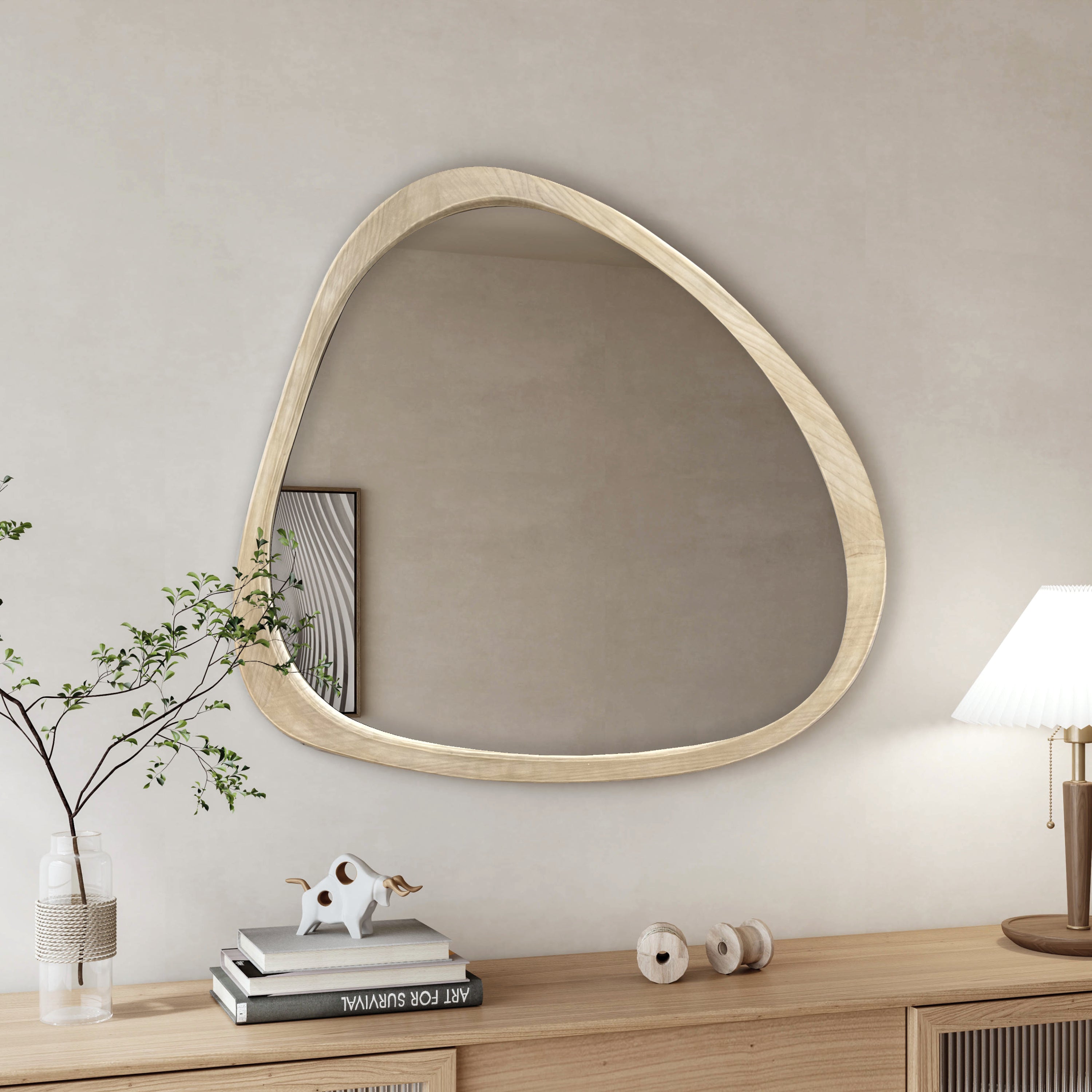 Wall Mirror Asymmetrical Solid Pine Wood Natural Mid-Century 44.9x38.9 In