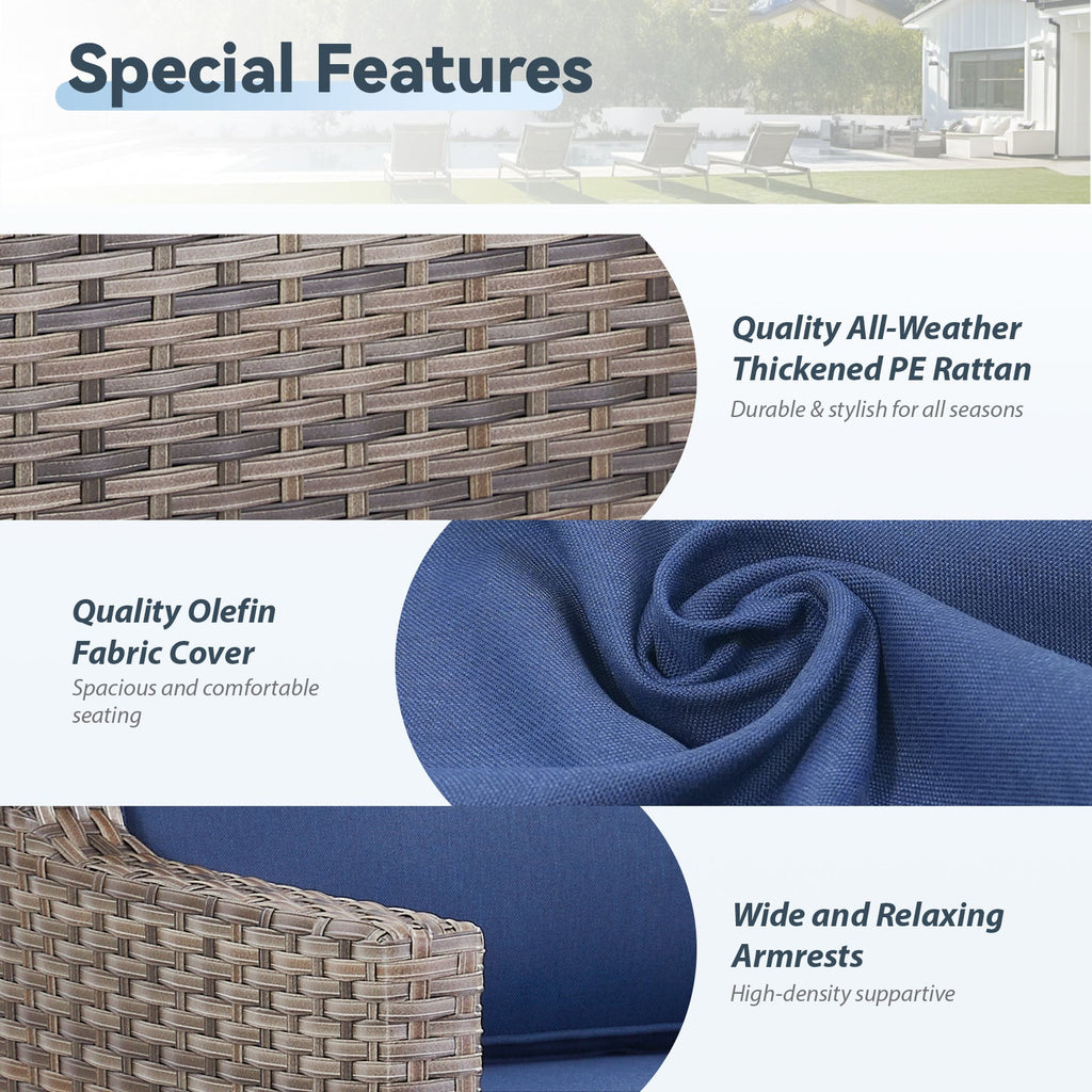 73.2 in Outdoor Patio Sofa, 3-Seat Gray Rattan Couch with Blue Cushions