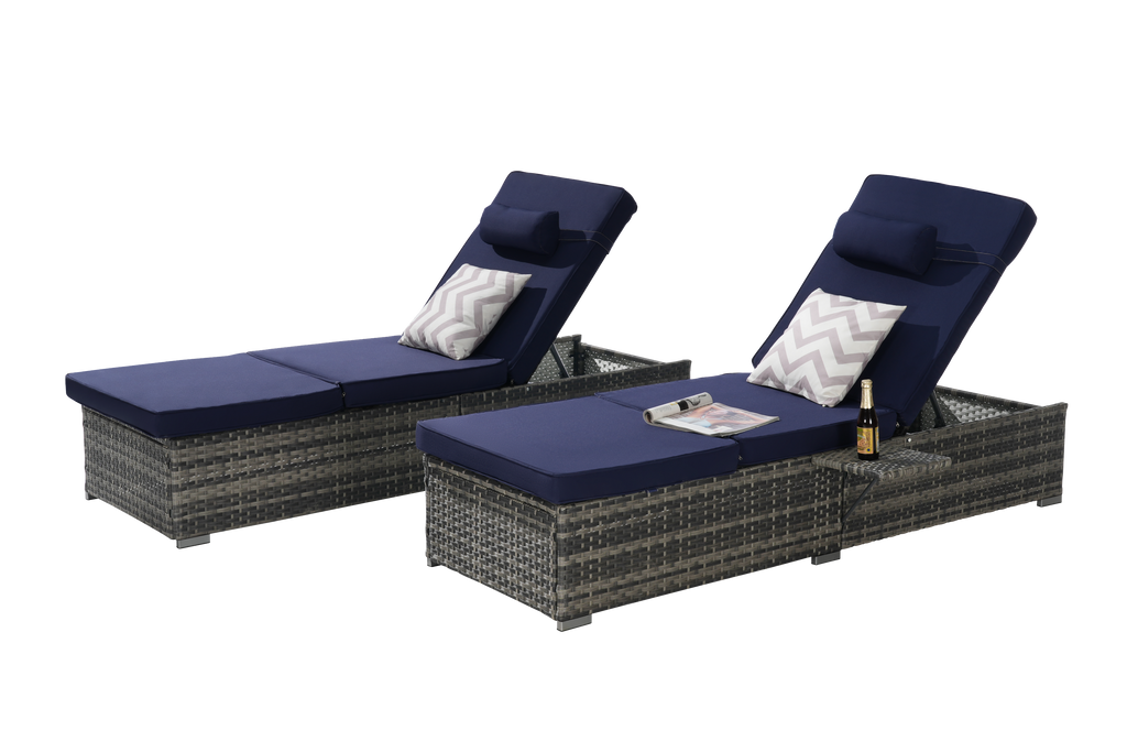 Outdoor Chaise Lounge Chair Set of 2, Rattan Storage Patio Pool Chairs with Cushion