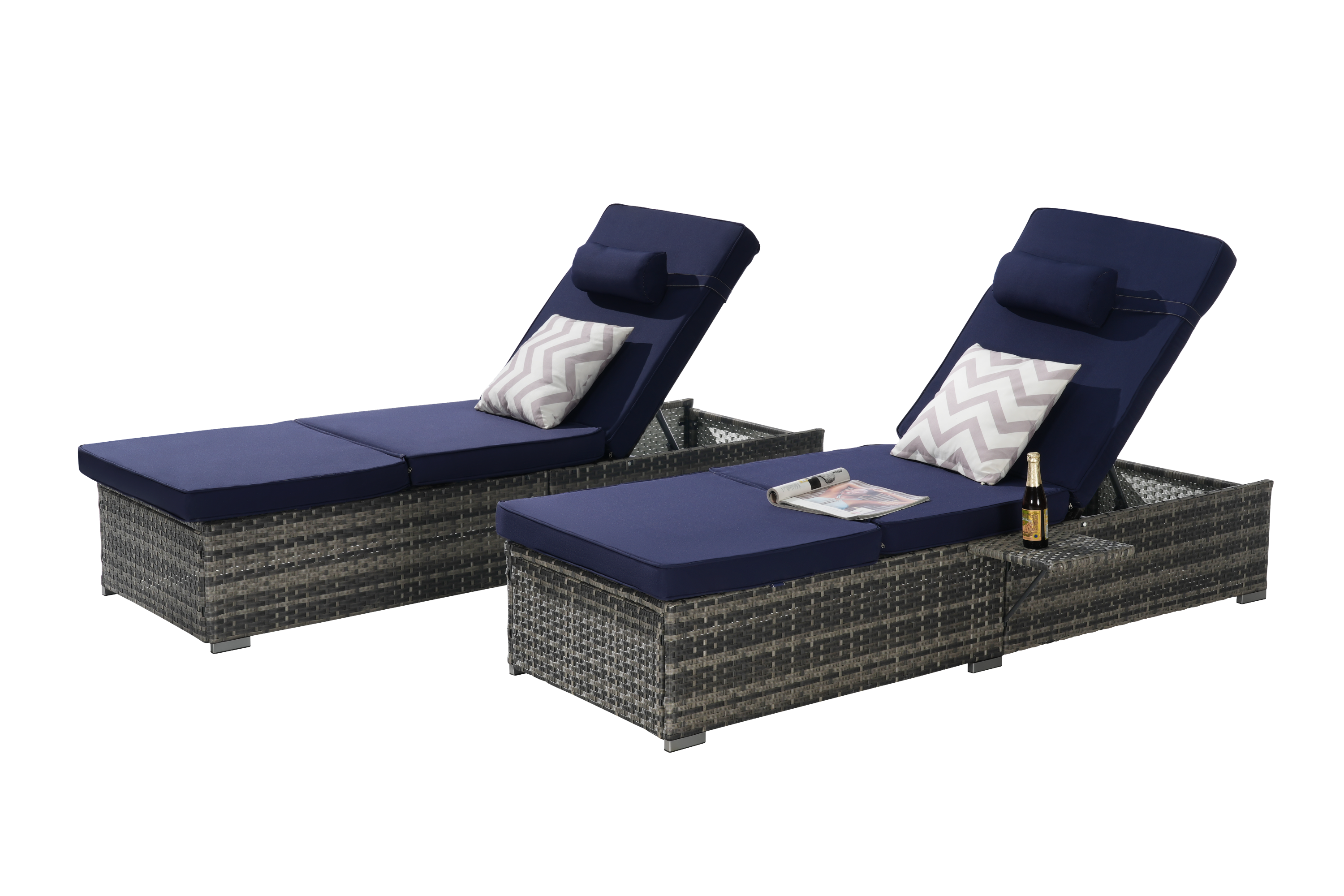 Outdoor Chaise Lounge Chair Set of 2, Rattan Storage Patio Pool Chairs with Cushion