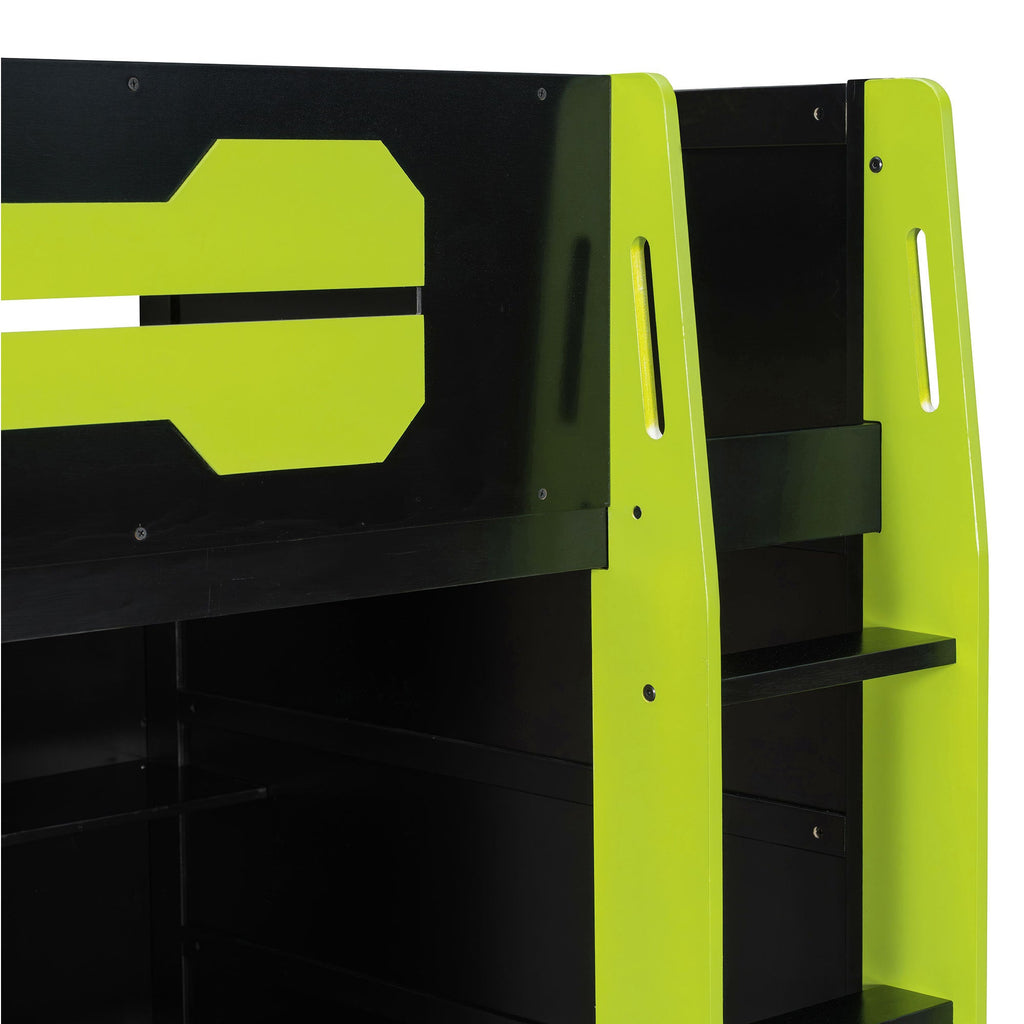 Twin Size Wood Loft Bed with Desk, Multi-storage Shelves and RGB Light, Green
