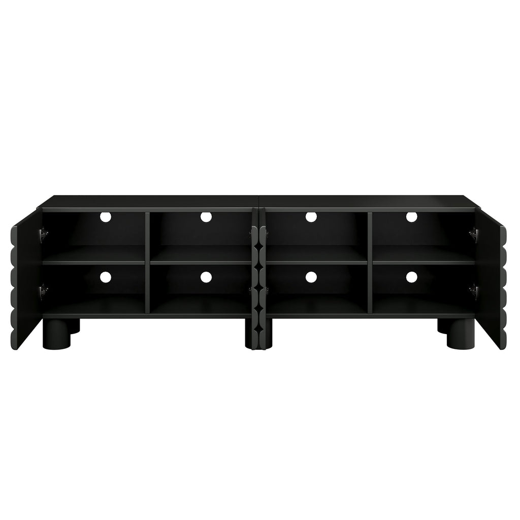 TV Stand Wavy Door Black MDF 4-Cabinet Cylindrical Legs Fits 70 In TV