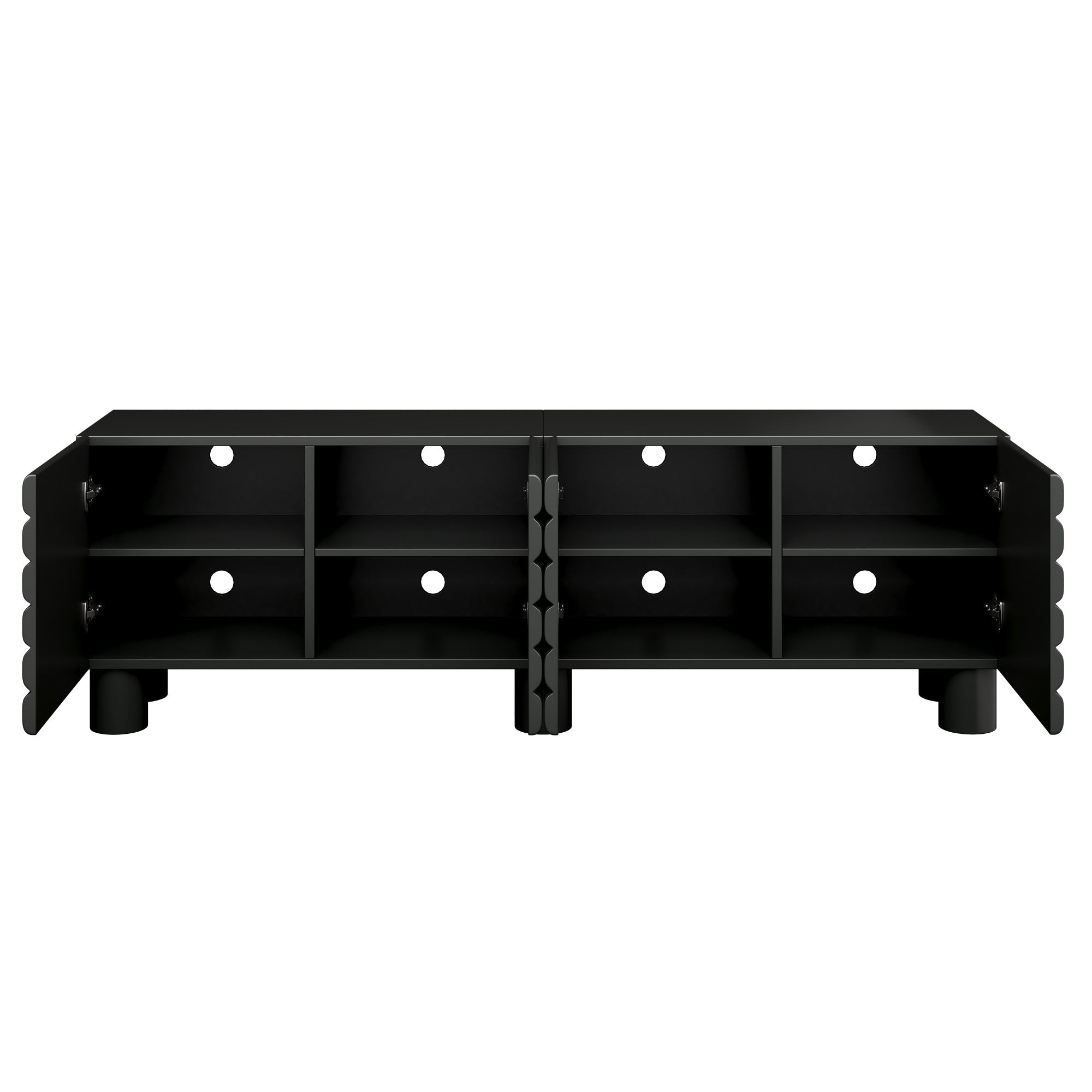 TV Stand Wavy Door Black MDF 4-Cabinet Cylindrical Legs Fits 70 In TV