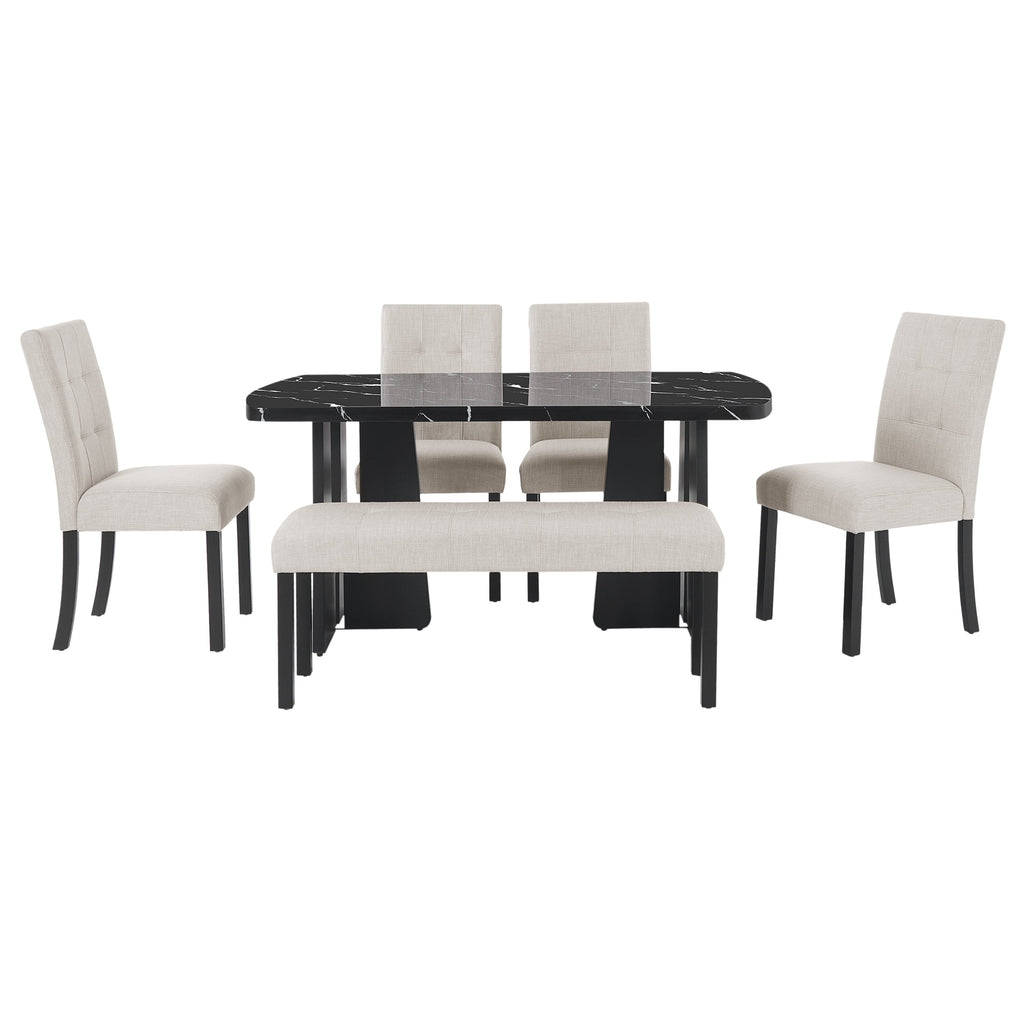6 Piece Modern Dining Table Set, 63' Faux Marble Dining Table with Geometric