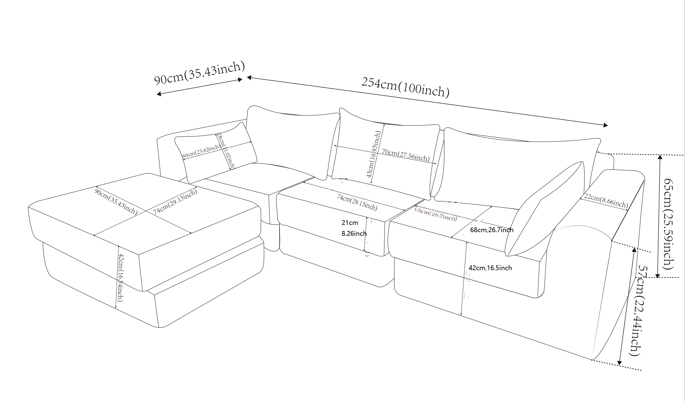 Sectional Sofa L-Shape Fabric Camel 4 Seat 100 In 5 Pillows No Assembly