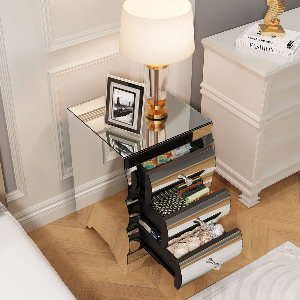Curved Mirror Nightstand with 3-Drawer Glass Bedside Table, Silver, Bedroom