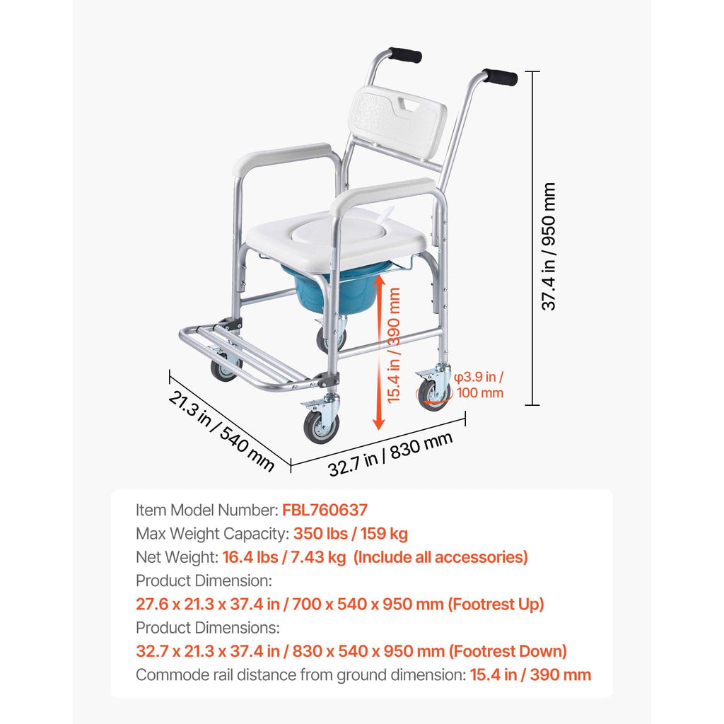 Commode Chair 4-Wheel 4-in-1 Aluminum 350 LB Rolling Lockable Padded Seat
