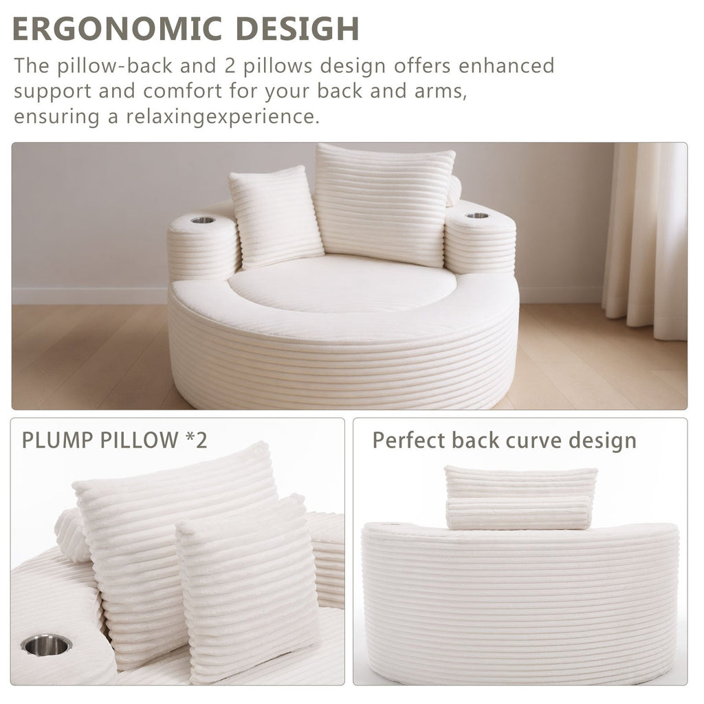 Sofa Round Memory Foam Velvet White with Cup Holder 55 In