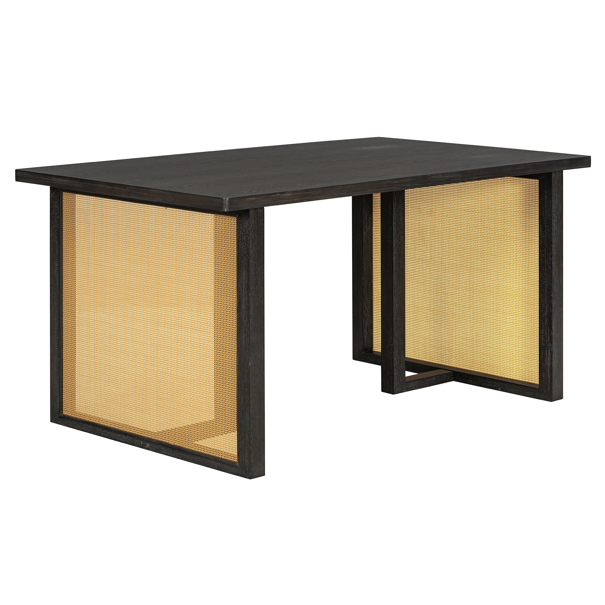 7-Piece Farmhouse Dining Table Set for 6, 59.8 in Rectangular Table with Rattan Chairs