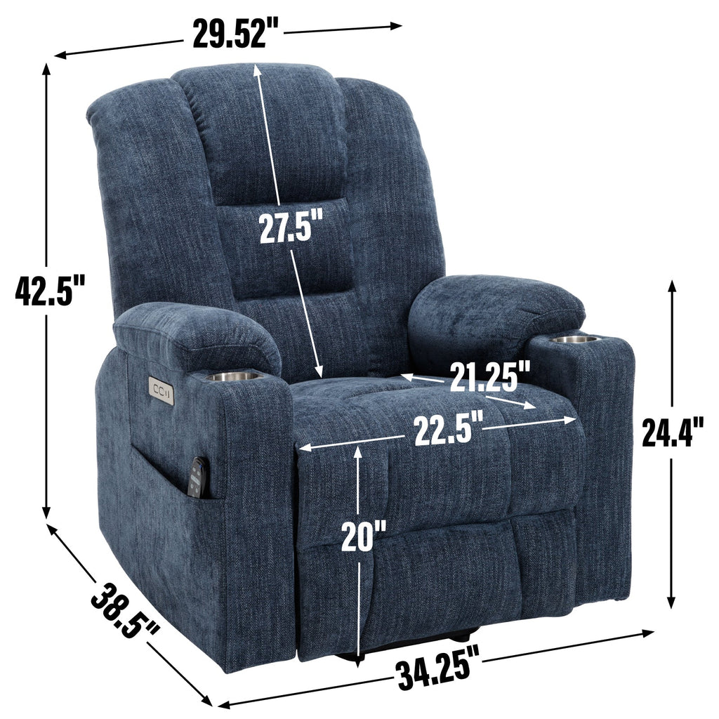 Lift Recliner Chair Power Chenille Blue Heat Massage USB Cup Holders 350 LB