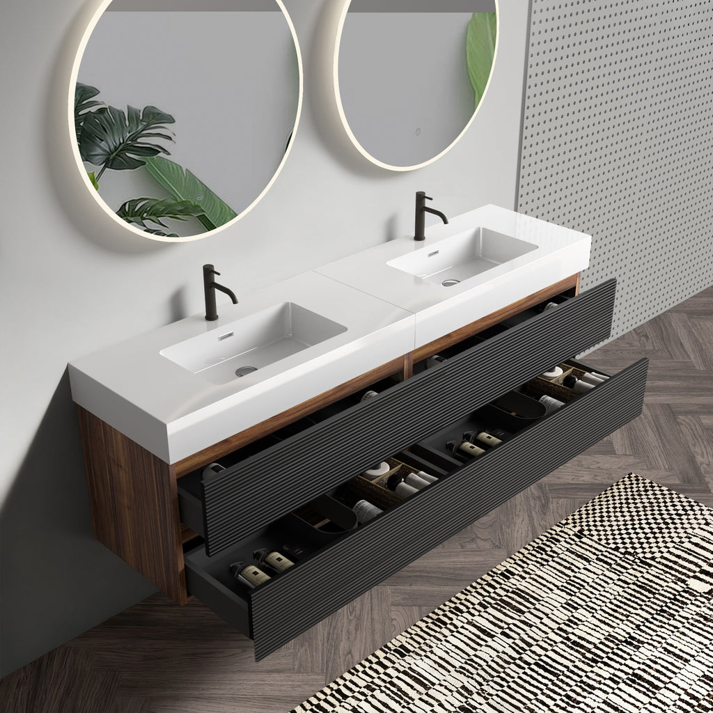 72'' Double Bathroom Vanity with Matt Black Quartz Sink Soft Black Drawers Wall Mount