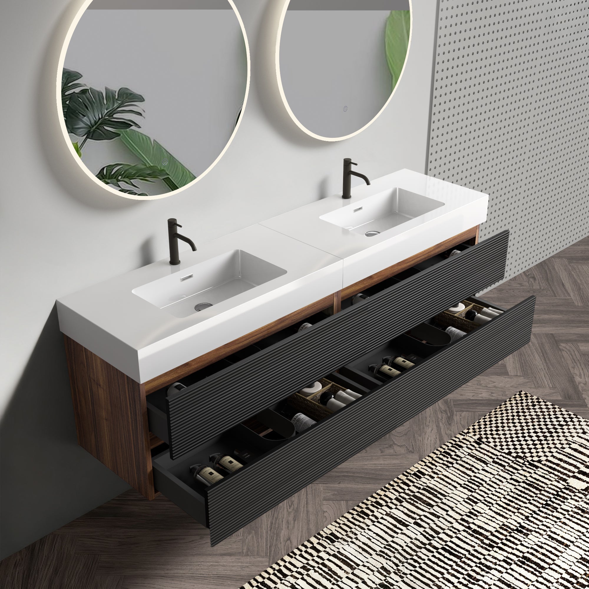 72'' Double Bathroom Vanity with Matt Black Quartz Sink Soft Black Drawers Wall Mount