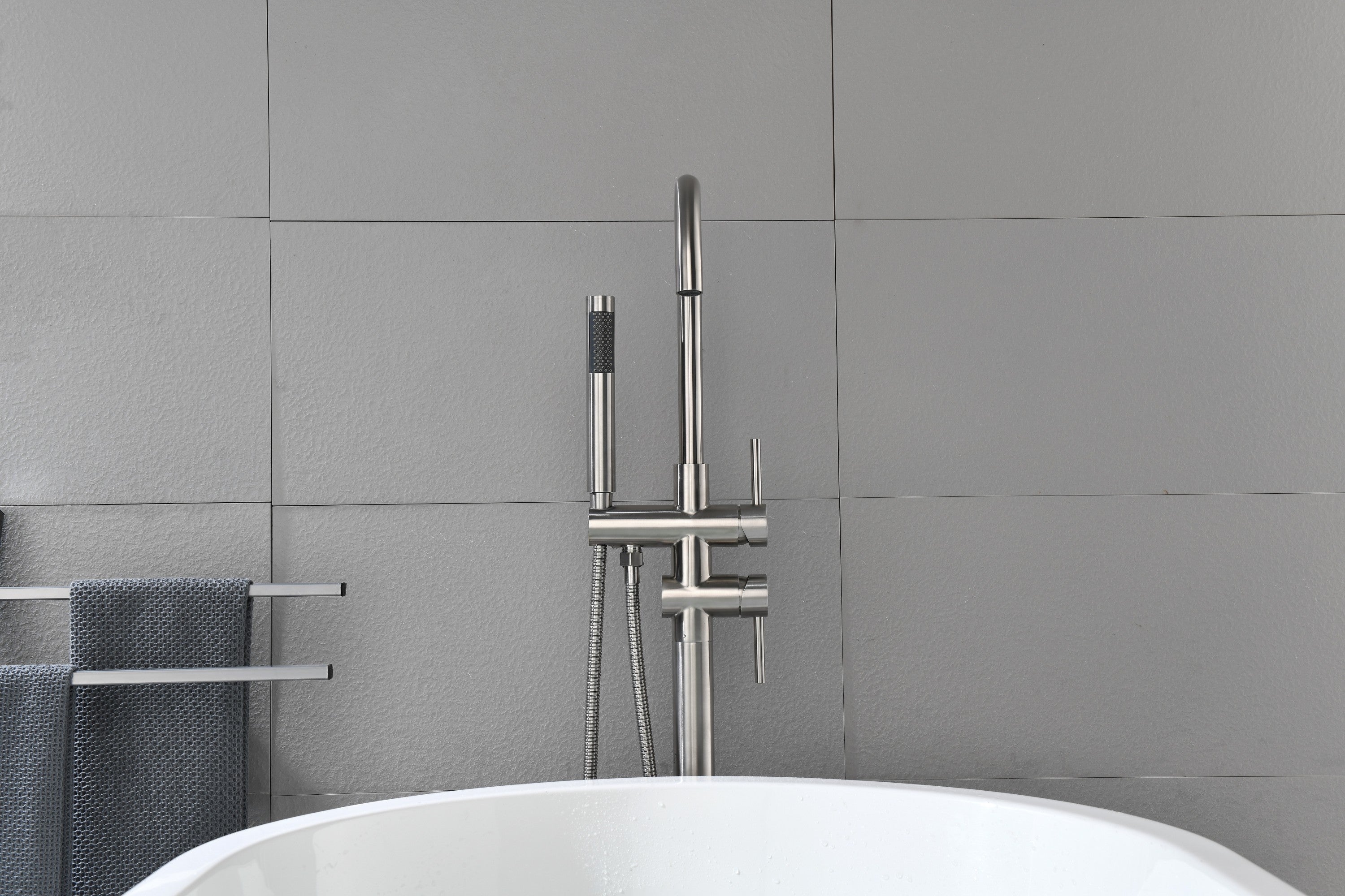 Floor Mounted Tub Faucet High Flow Freestanding Tub Filler with Handheld Shower Swivel