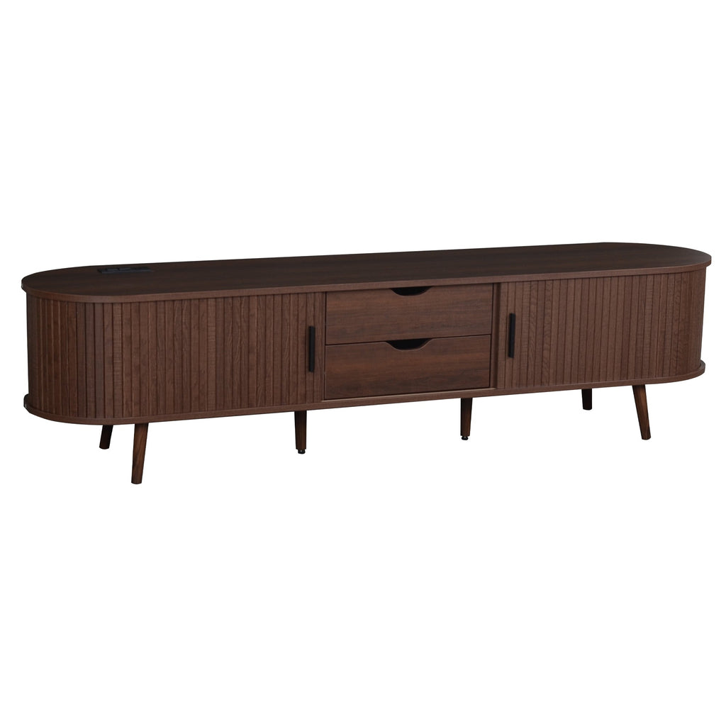 TV Stand Mid-Century Dark Brown MDF Tambour Door 2 AC 2 USB Fits 80 In TV