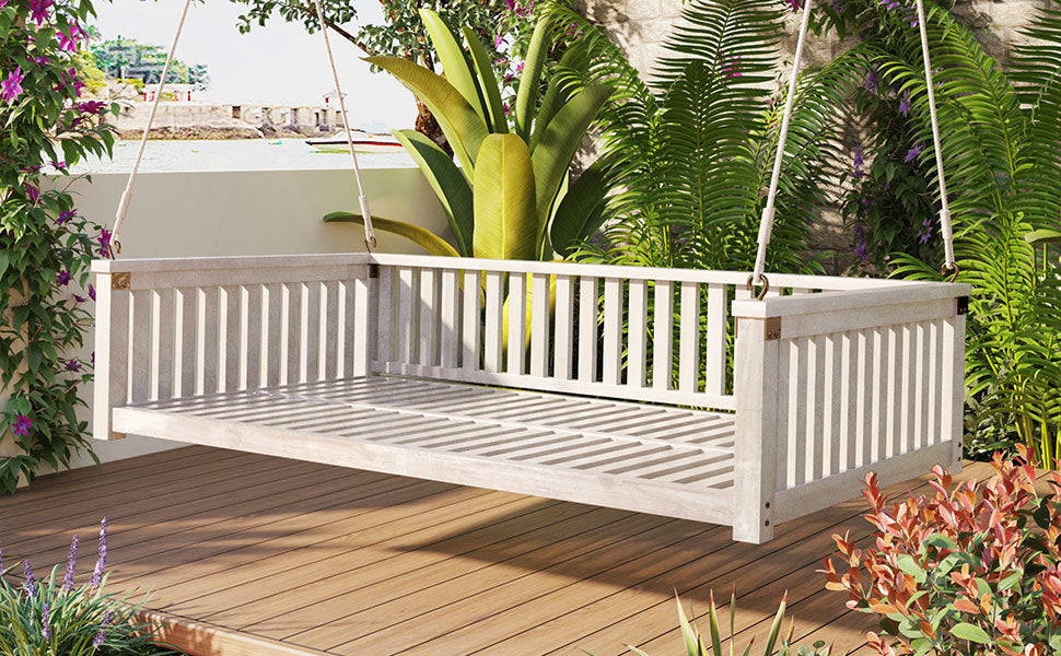 Outdoor Swing Bed Acacia Wood White Twin Size Minimalist 79.1x41.3 In 350 LB