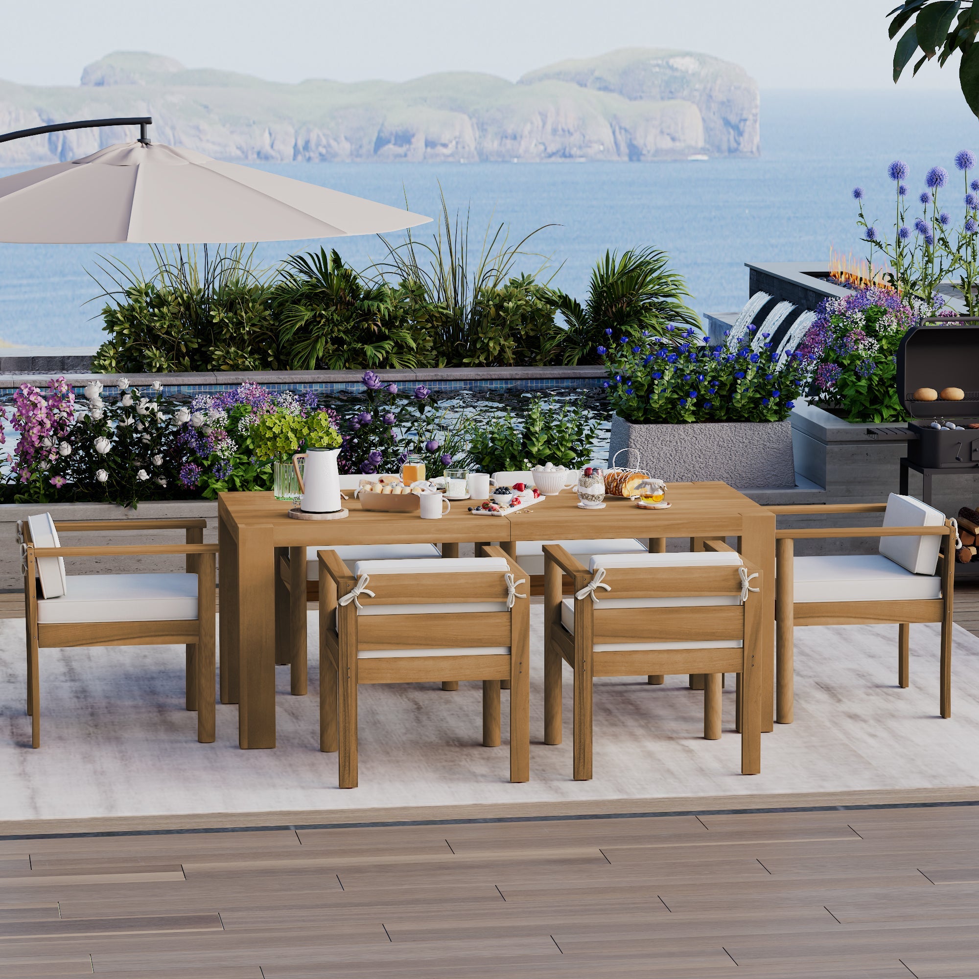 Outdoor Dining Set Acacia Wood Light Teak 7 Piece Rectangle Seats 6