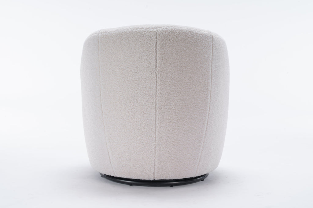 Accent Chair Swivel Barrel Teddy Fabric Ivory Black Ring Base 360 Degree 250 LB