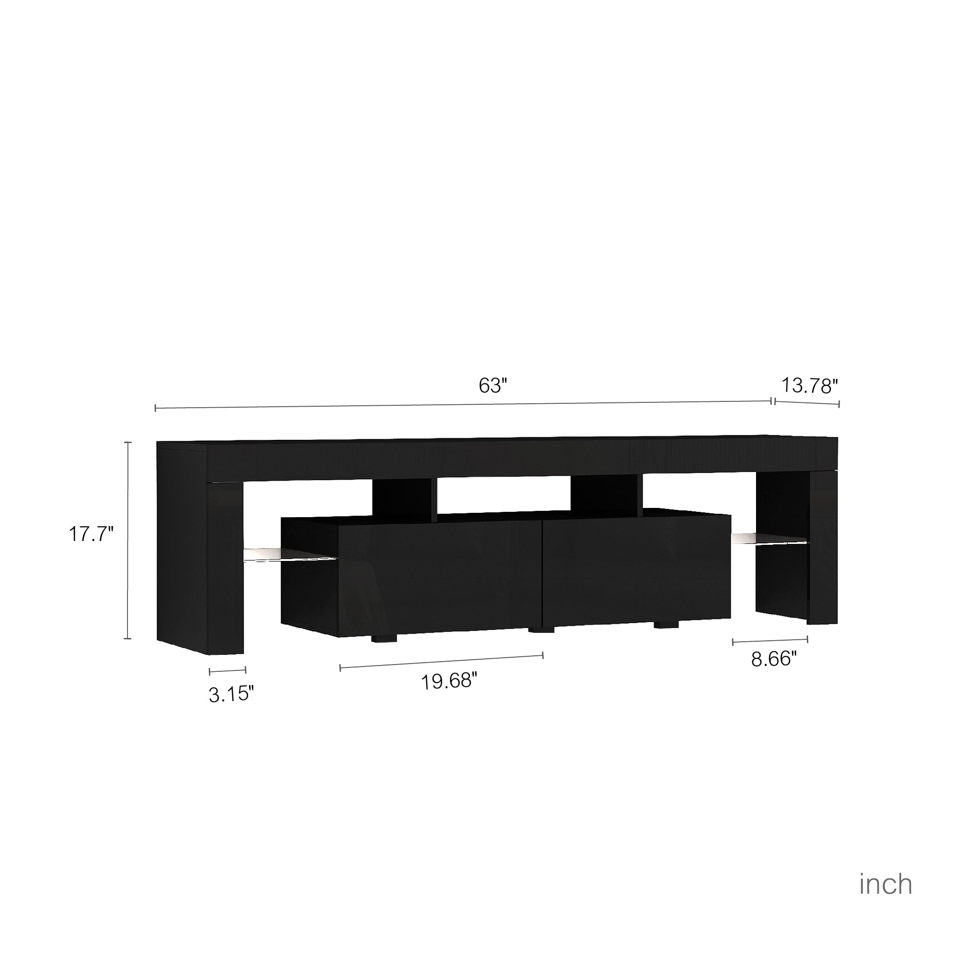 TV Stand LED High Gloss Black Storage Cabinet Fits 65