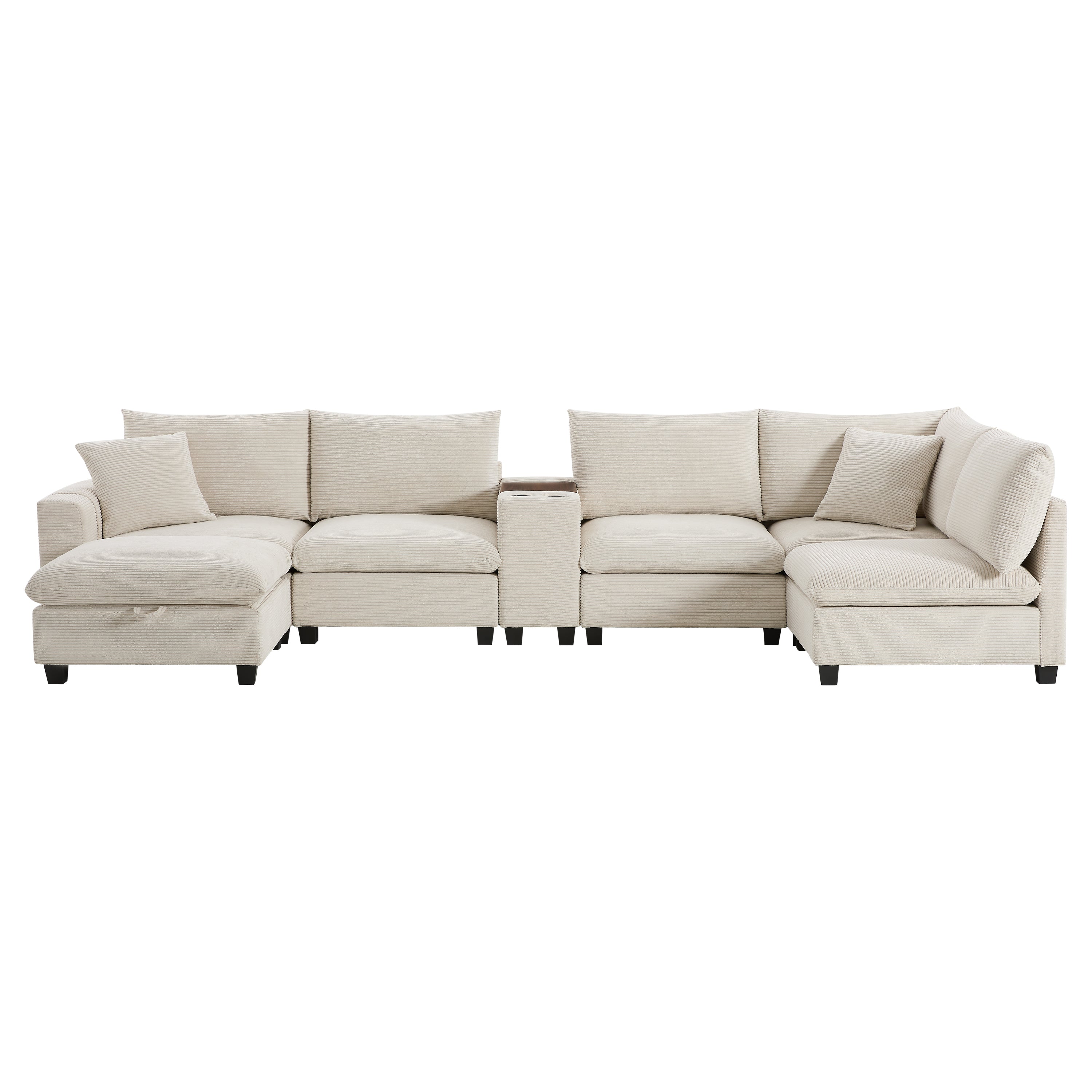 Sectional Sofa U-Shape Corduroy Beige 6 Seat Storage Ottoman USB 140 In