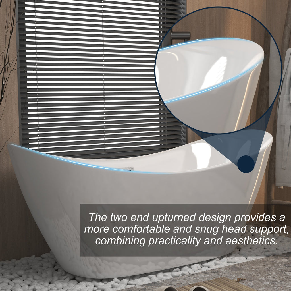 Modern Acrylic Freestanding Tub, Gloss White, Chrome Overflow and Pop-Up Drain